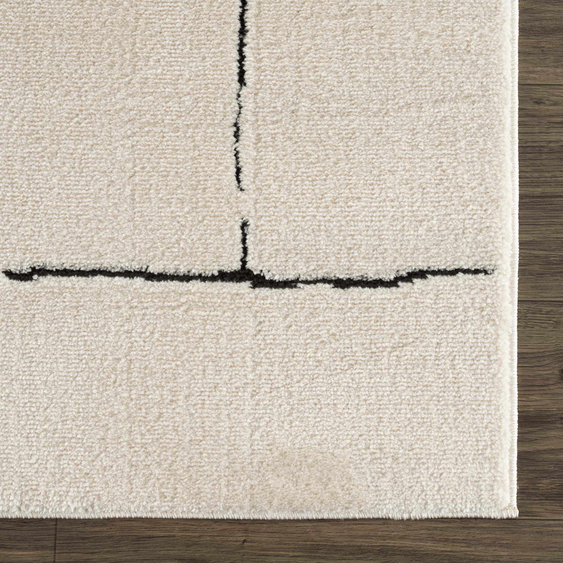 Close-up of a textured beige rug with black accents on a wooden floor.