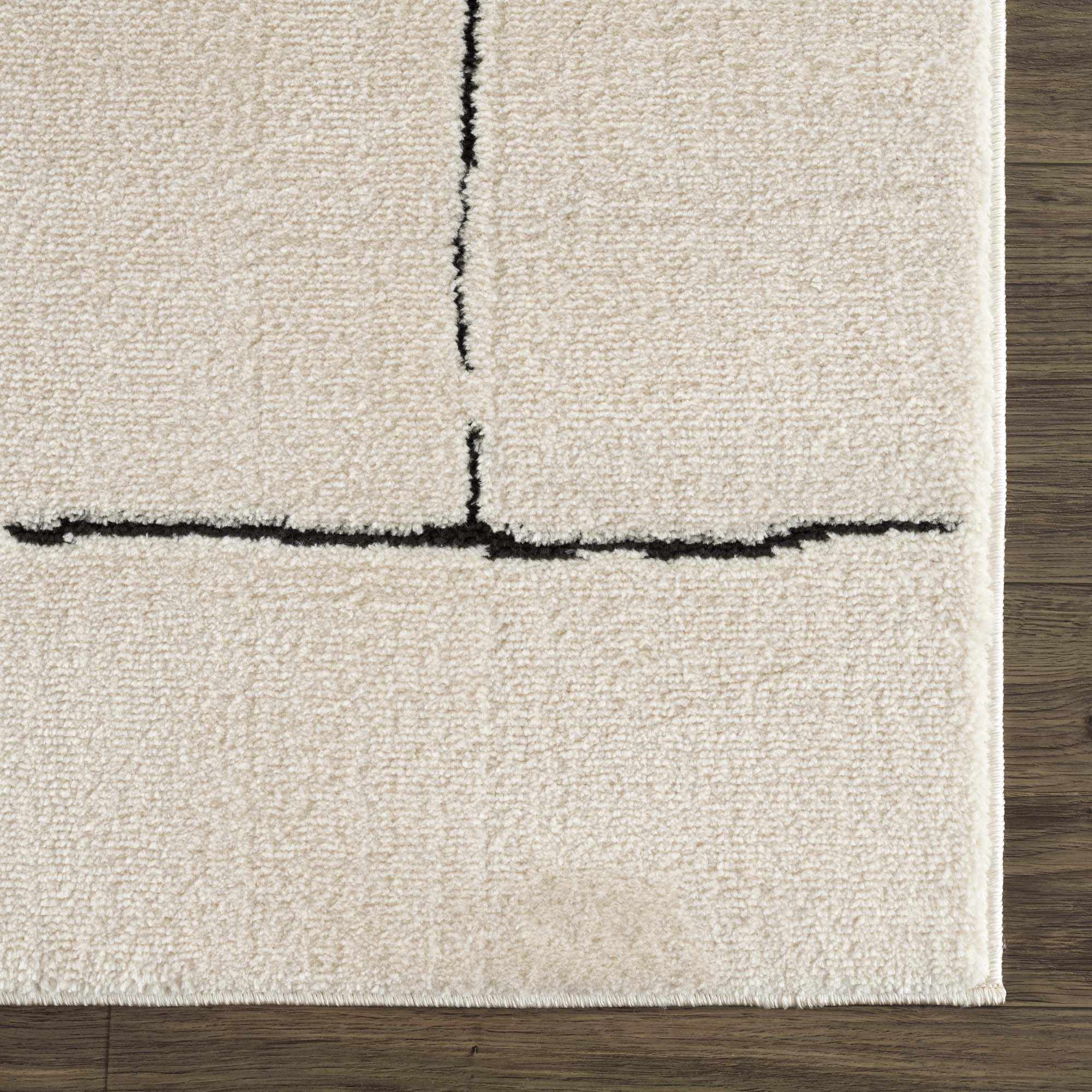 Close-up of a textured beige rug with black accents on a wooden floor.