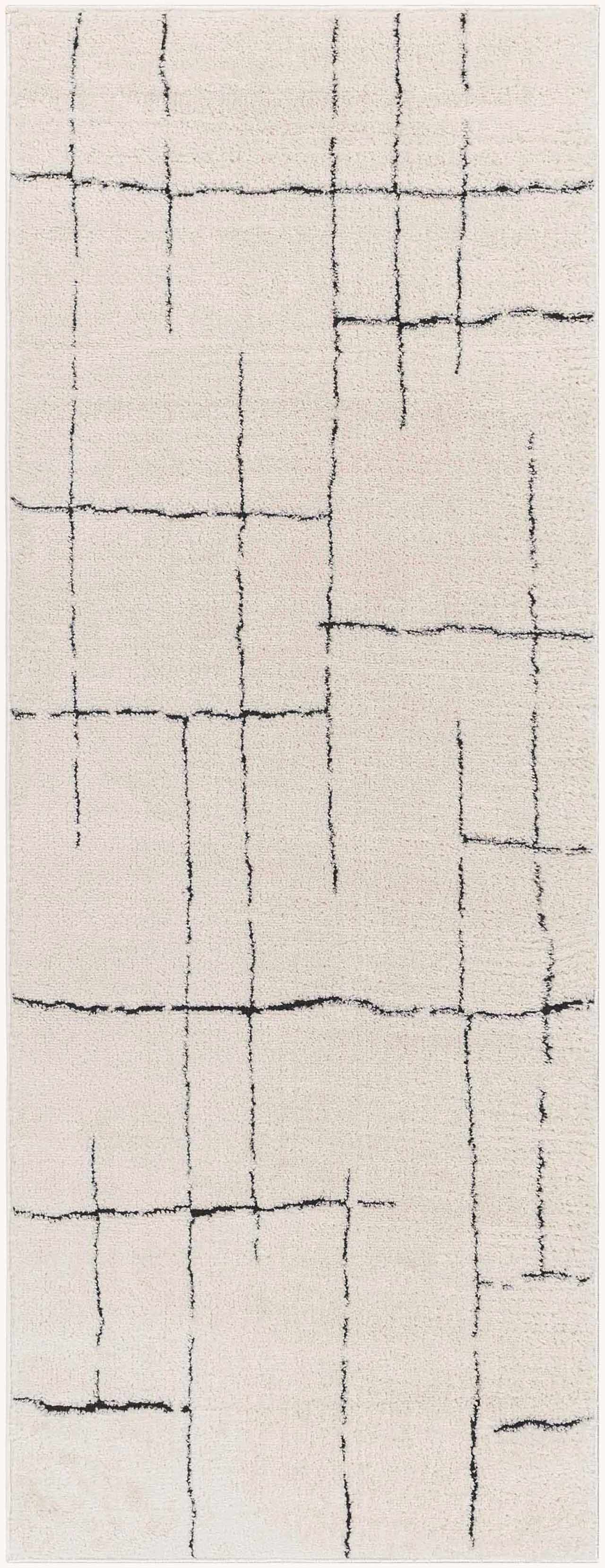 Rectangular area rug with a grid pattern on a plain background