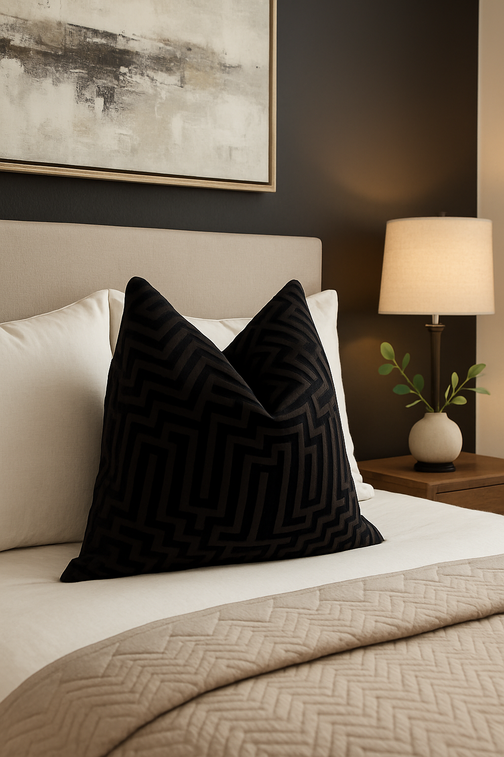 Black patterned pillow on a bed with a lamp and abstract painting in the background