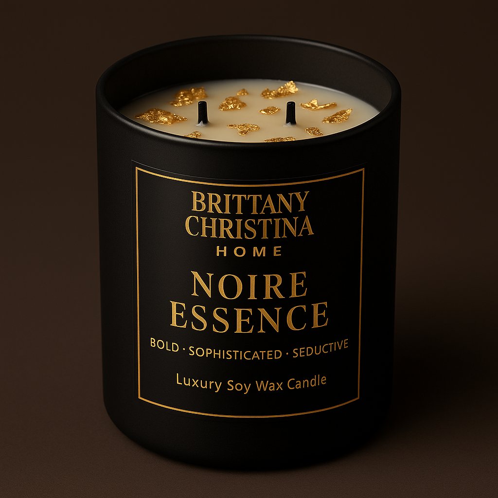 Black candle with gold text on a dark background