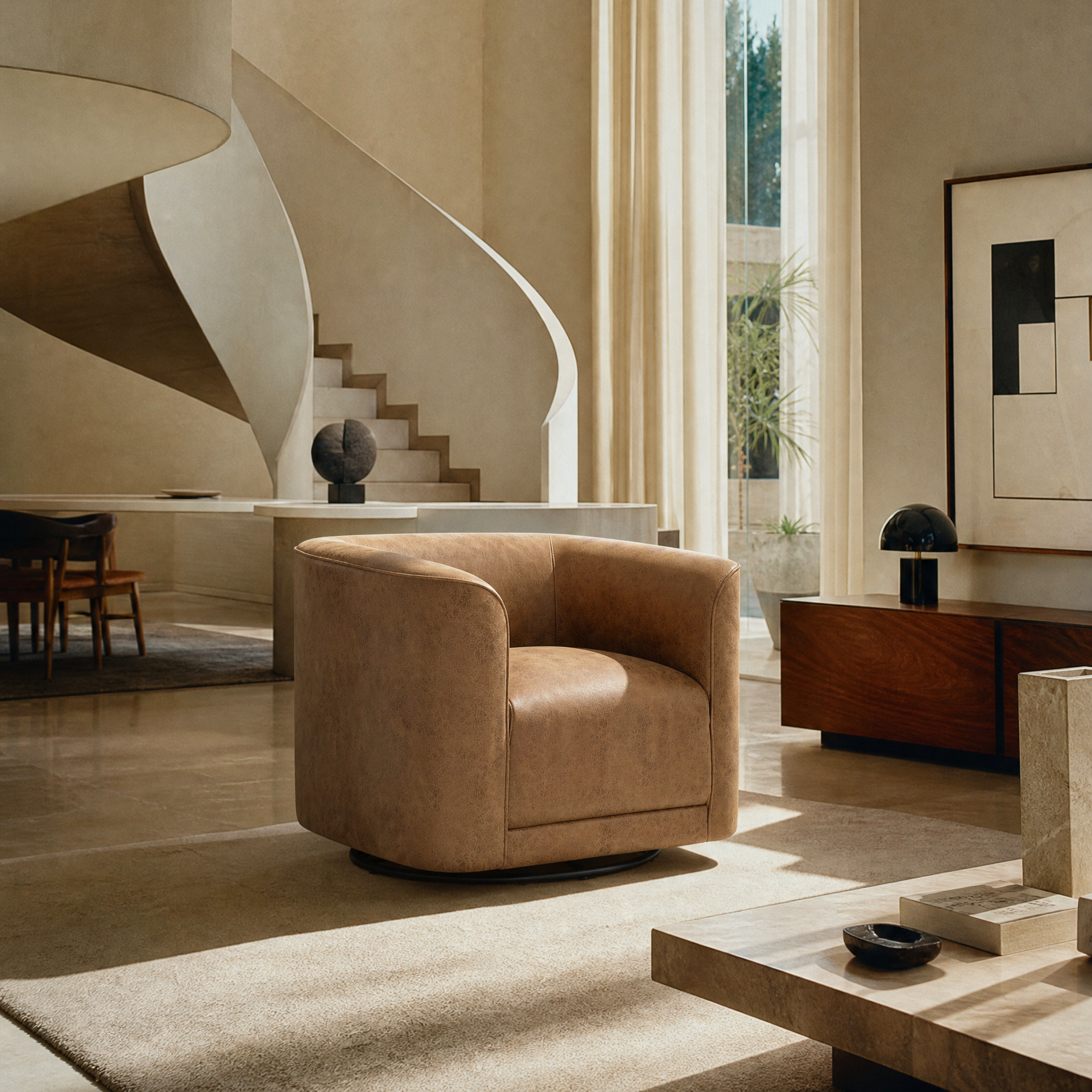 A modern beige armchair in a minimalist, warm-toned interior with a spiral staircase, large windows, and neutral decor.