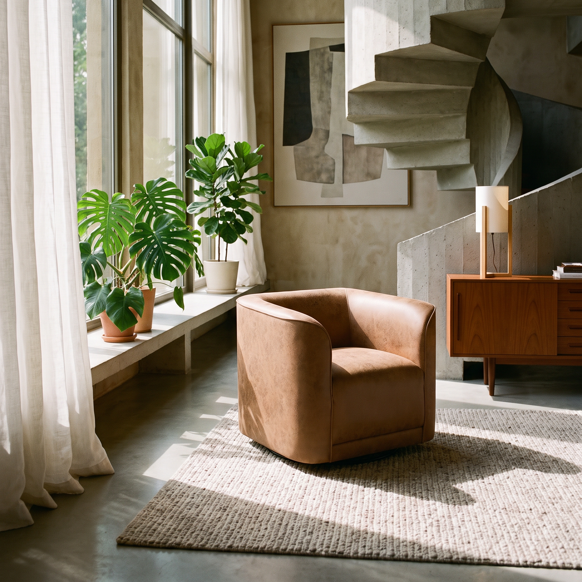 A modern interior scene with a tan leather armchair in the foreground, a spiral staircase, large windows with sheer curtains, potted plants on a windowsill, and a woven rug on a concrete floor.