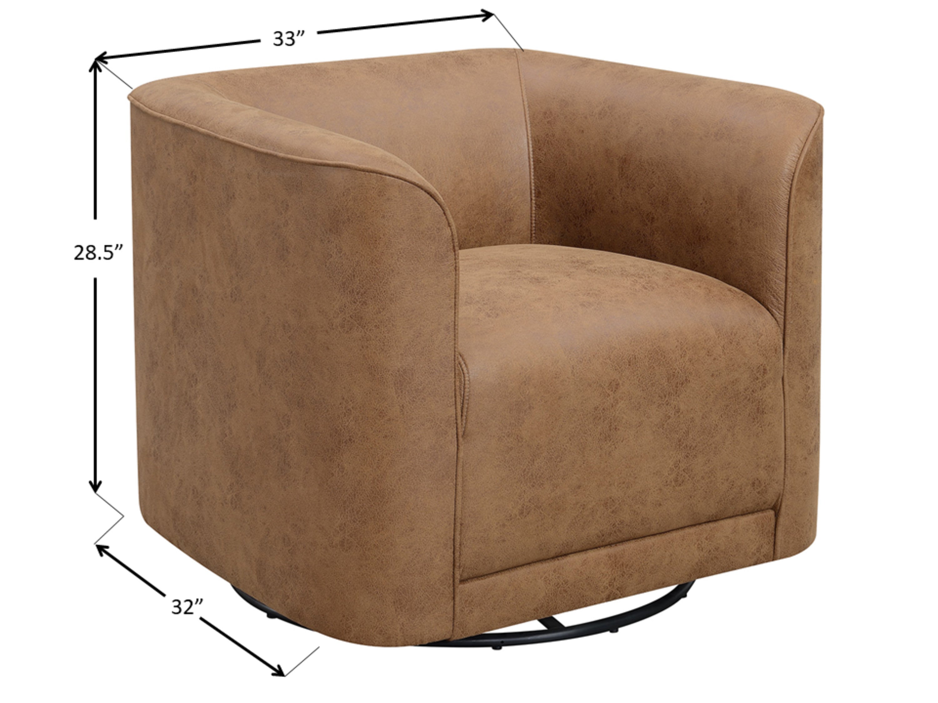 Brown swivel chair with dimensions on a white background