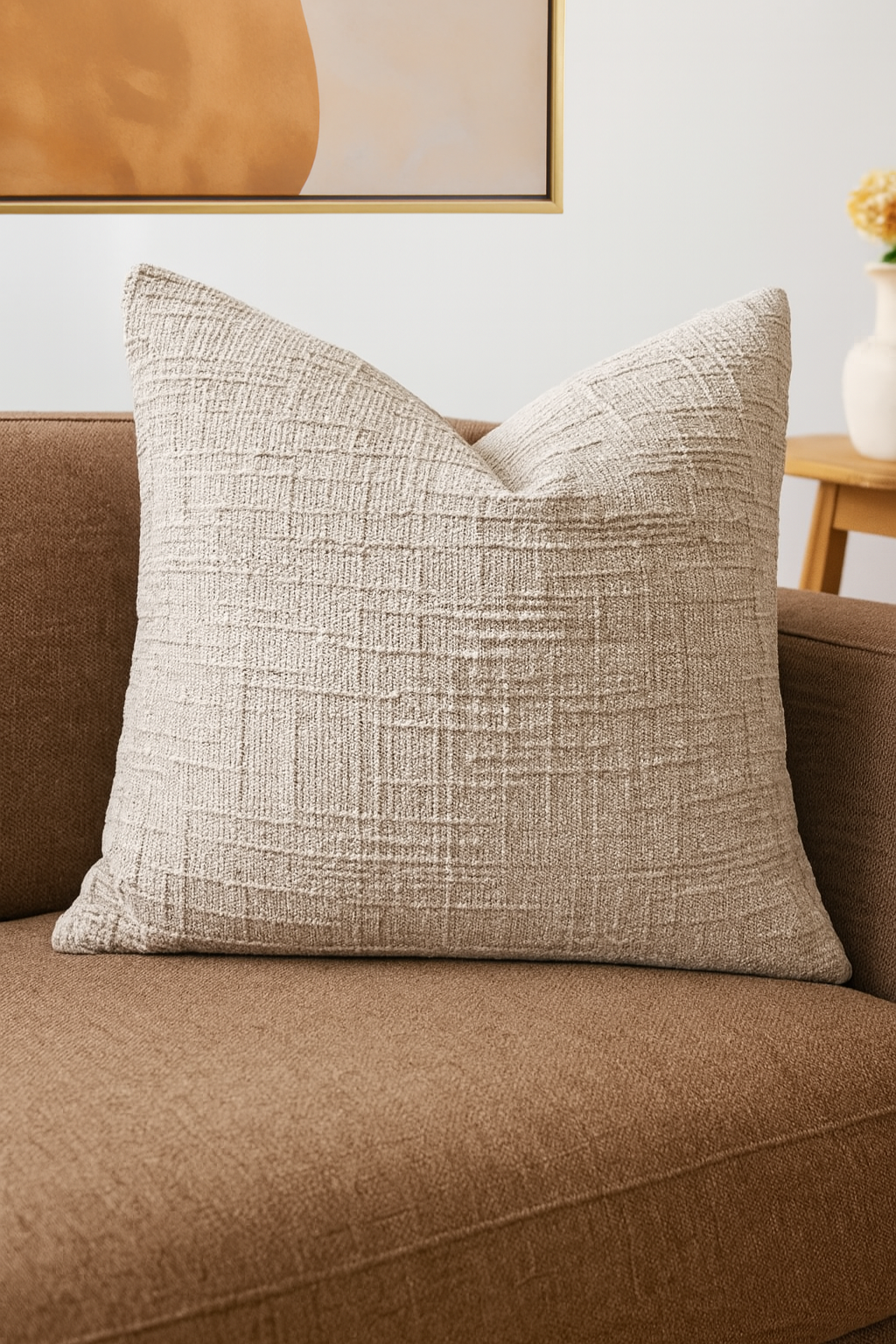 Textured beige pillow on a brown sofa with a neutral wall and framed picture in the background.