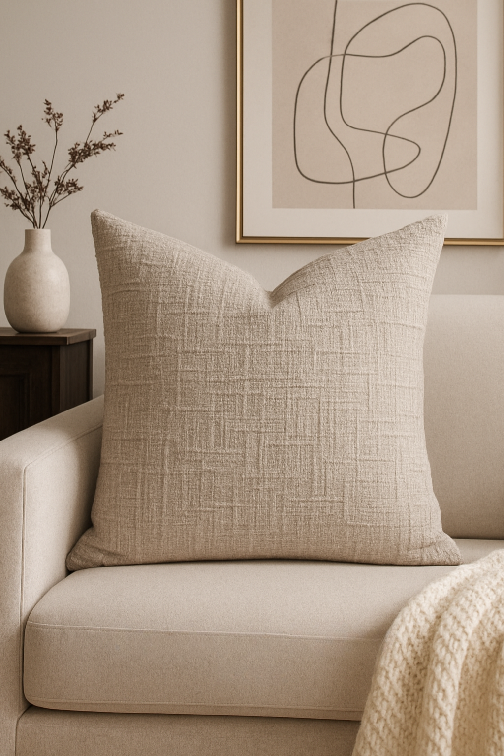Beige textured pillow on a beige sofa with abstract art in the background