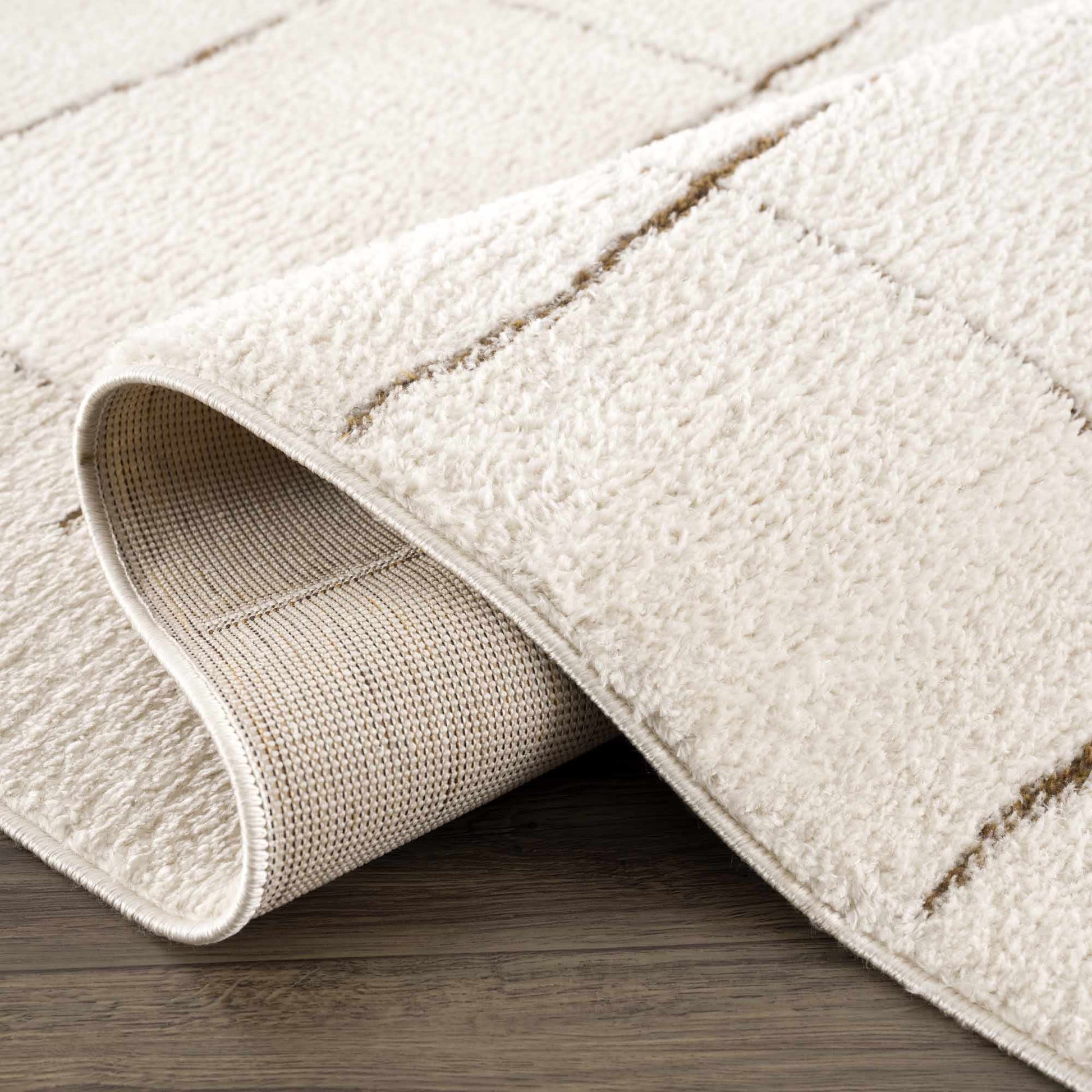 Close-up of a textured beige rug on a wooden floor