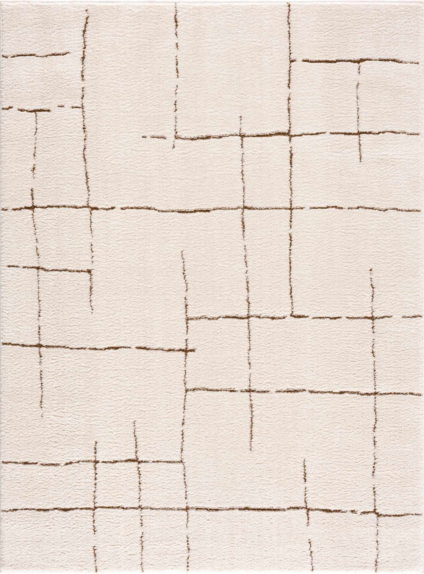 Beige area rug with a grid pattern on a white background