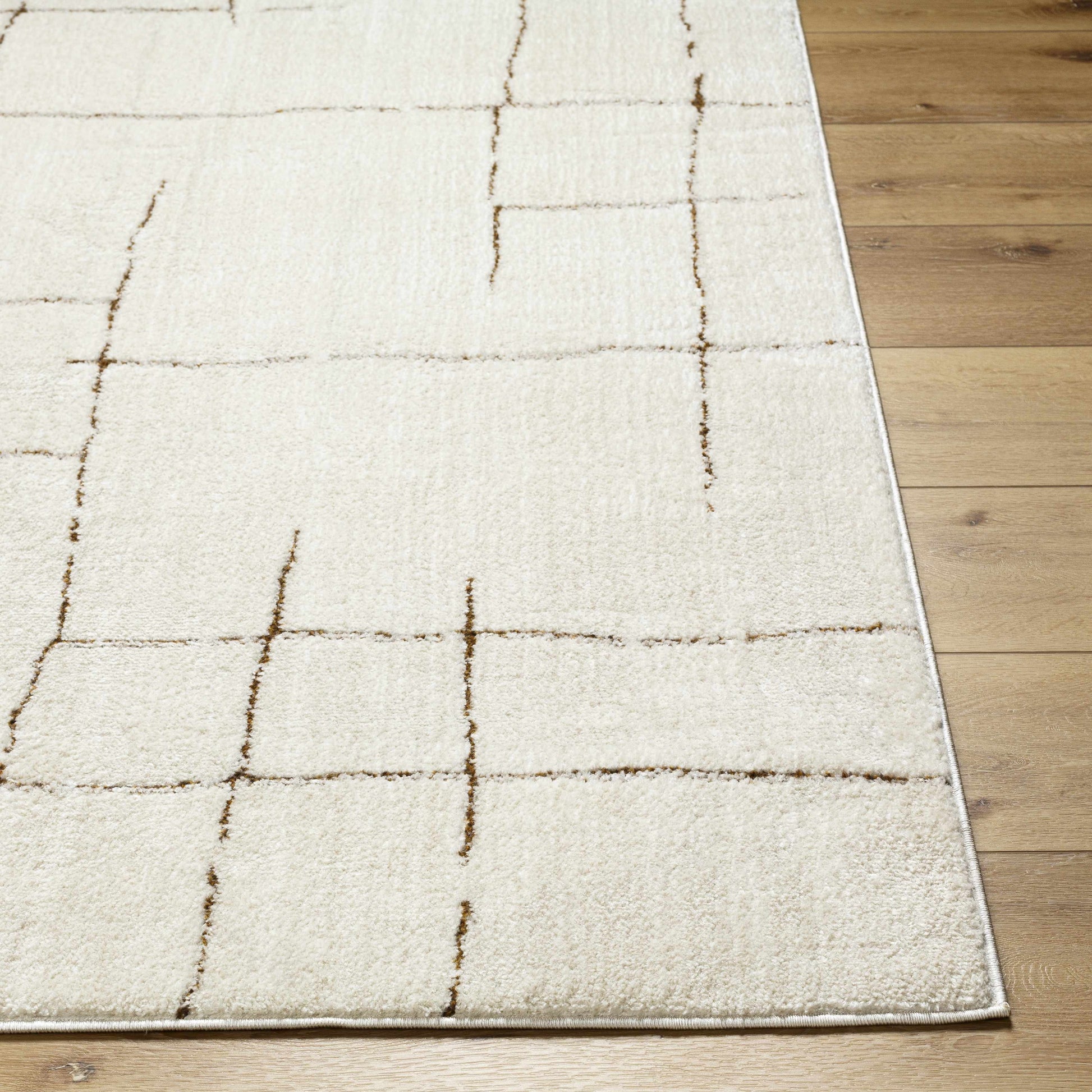 Beige area rug with brown grid pattern on a wooden floor