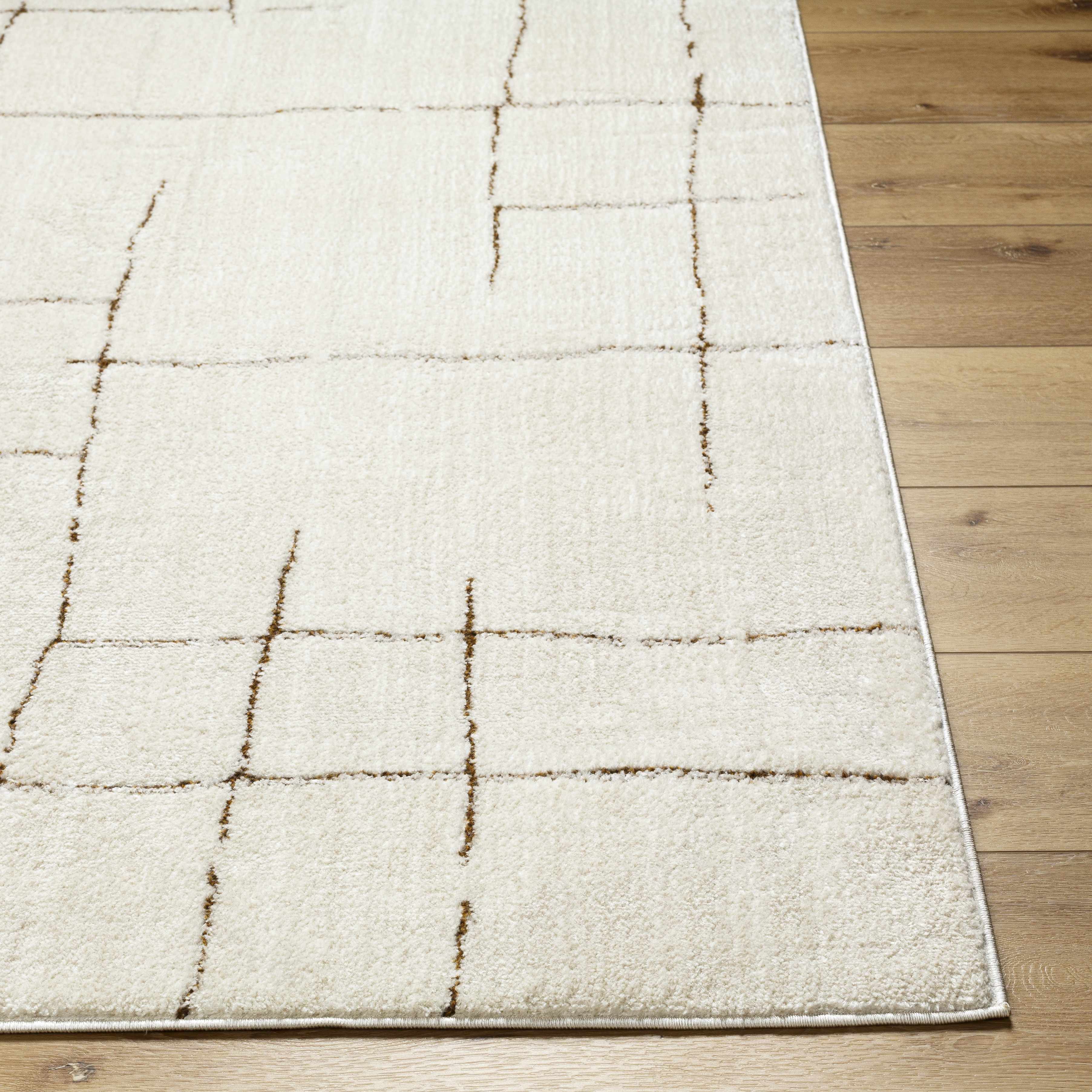 Beige area rug with brown grid pattern on a wooden floor