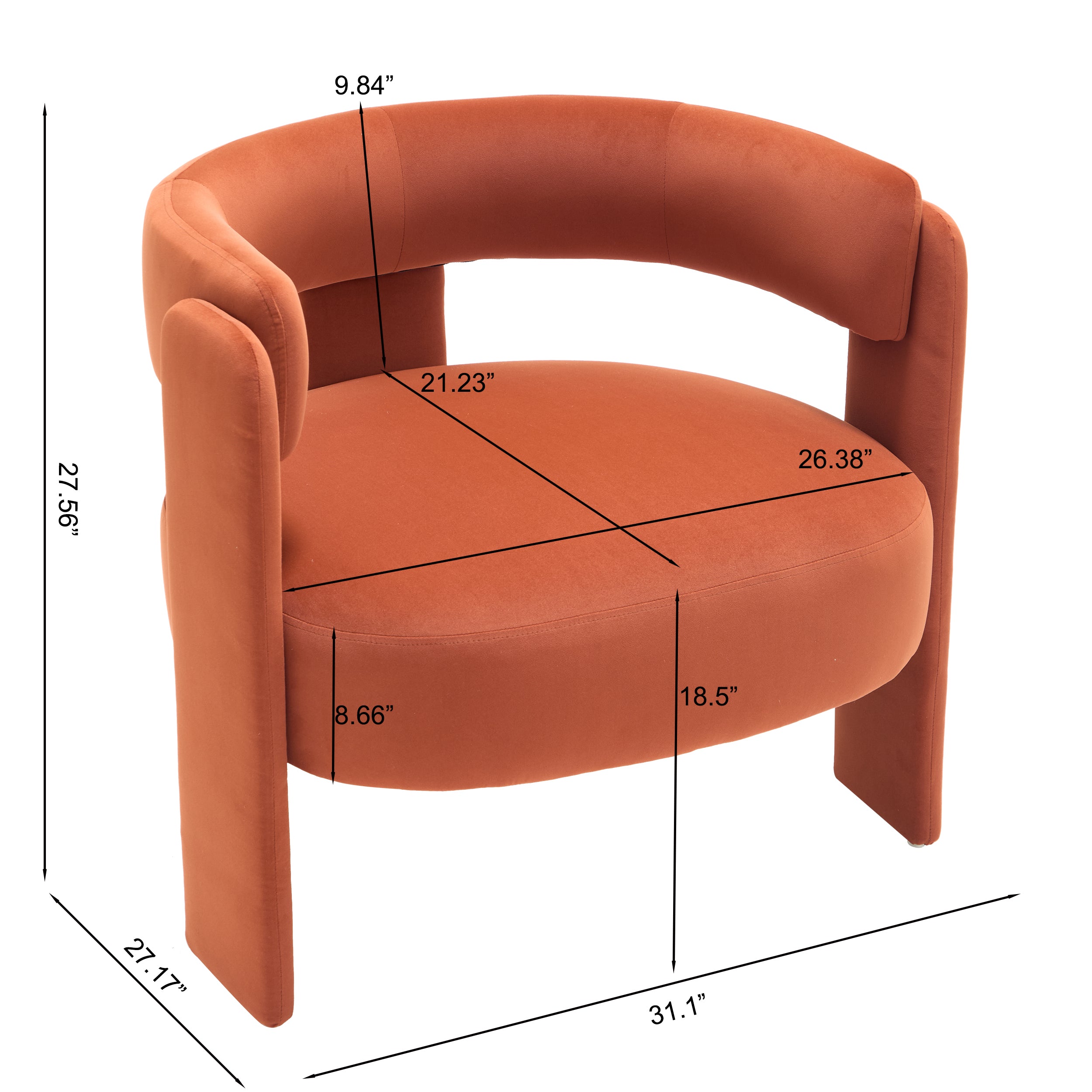 Orange armchair with dimensions marked on a white background