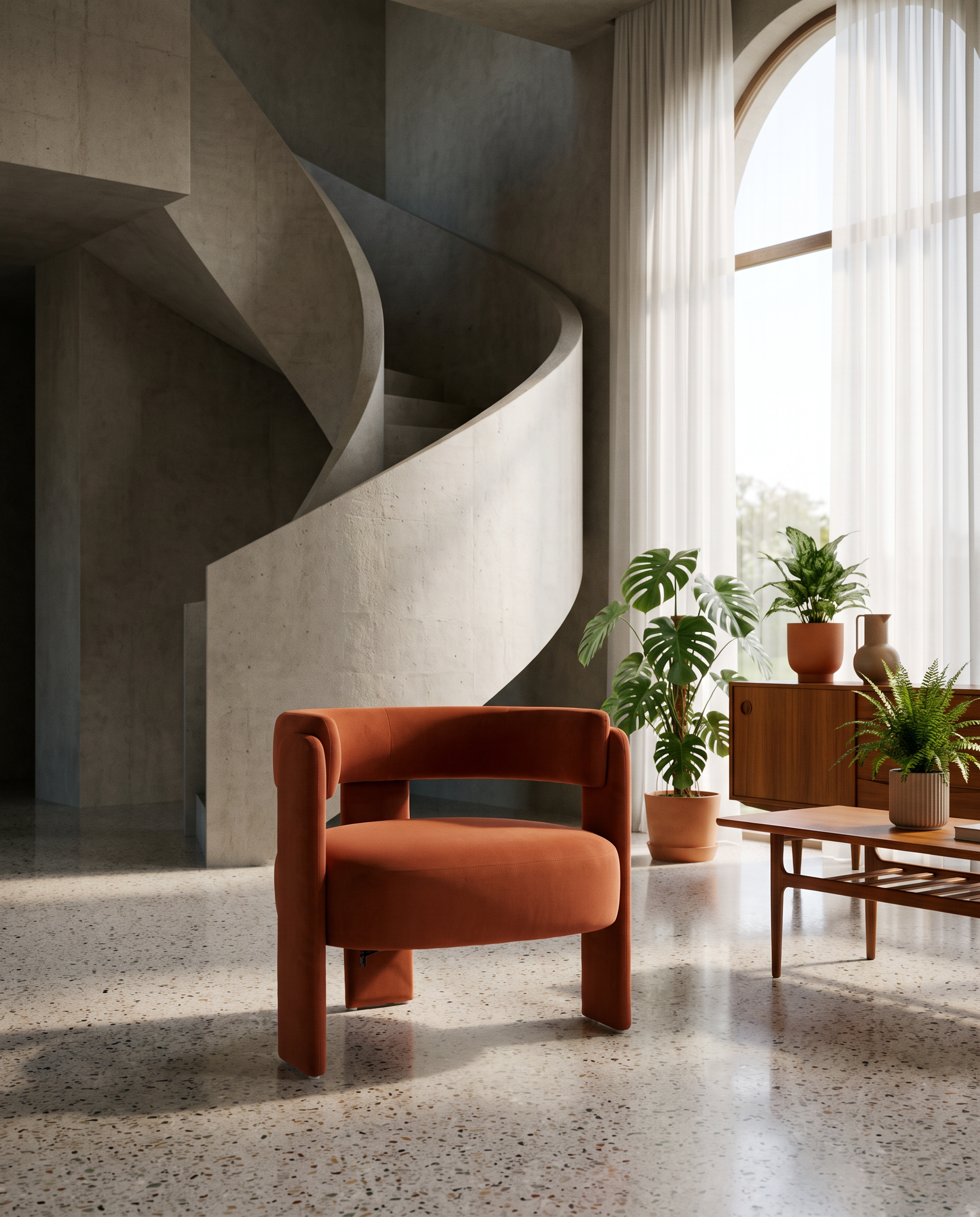 An orange-brown upholstered armchair with chunky blocky legs and curved arms, placed in a modern interior with a concrete spiral staircase, terrazzo floor, plants, and a window with sheer curtains.