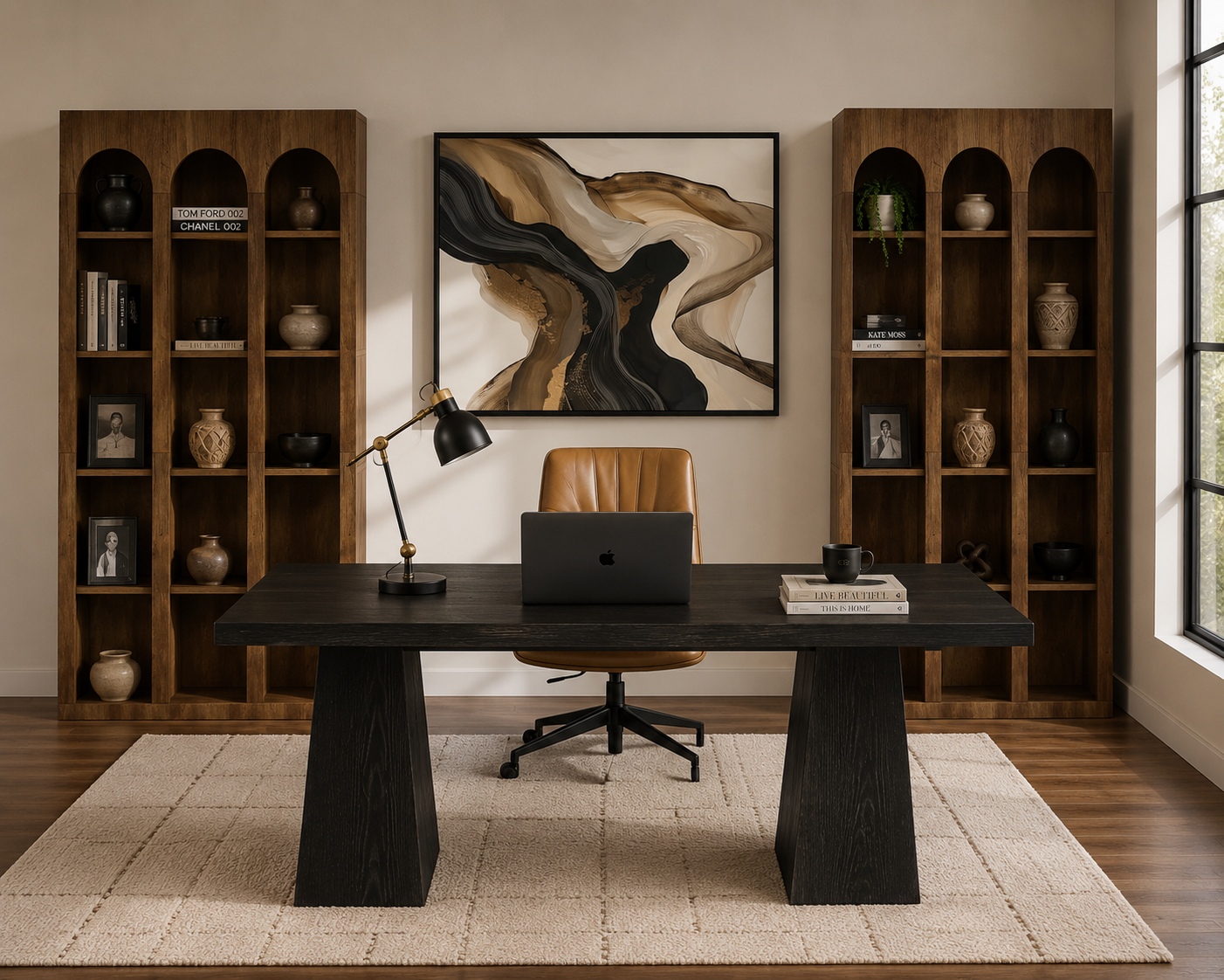 A modern home office setup featuring a dark wood writing desk with blocky legs, a tan leather office chair, a black desk lamp, and a laptop on a light beige rug. The background is decorated with two tall arched wooden bookshelves and a large abstract painting on the wall.