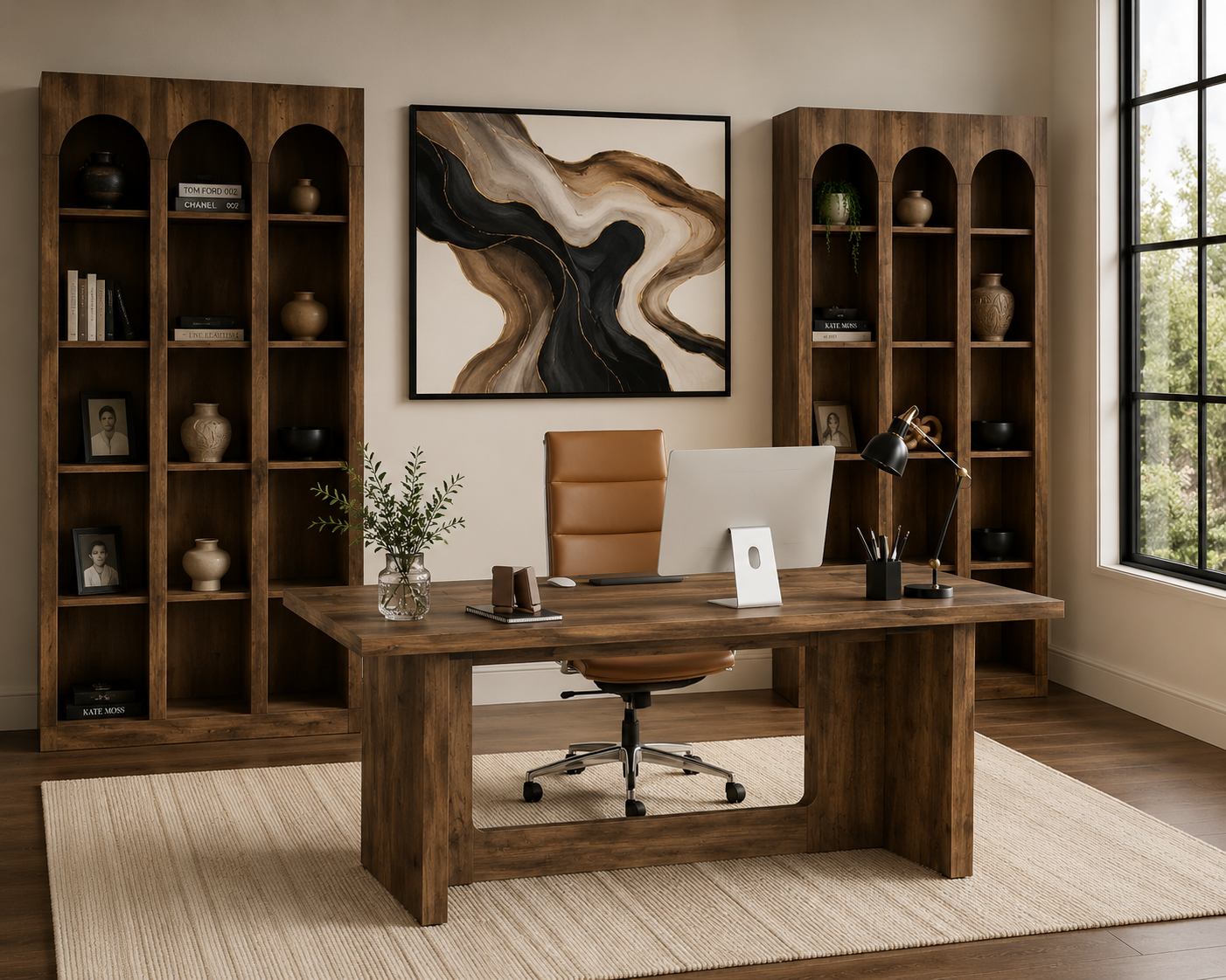 A rustic dark brown wooden writing desk in a modern home office setting, styled with a white office chair, desk accessories, and flanked by matching tall wooden shelving units.