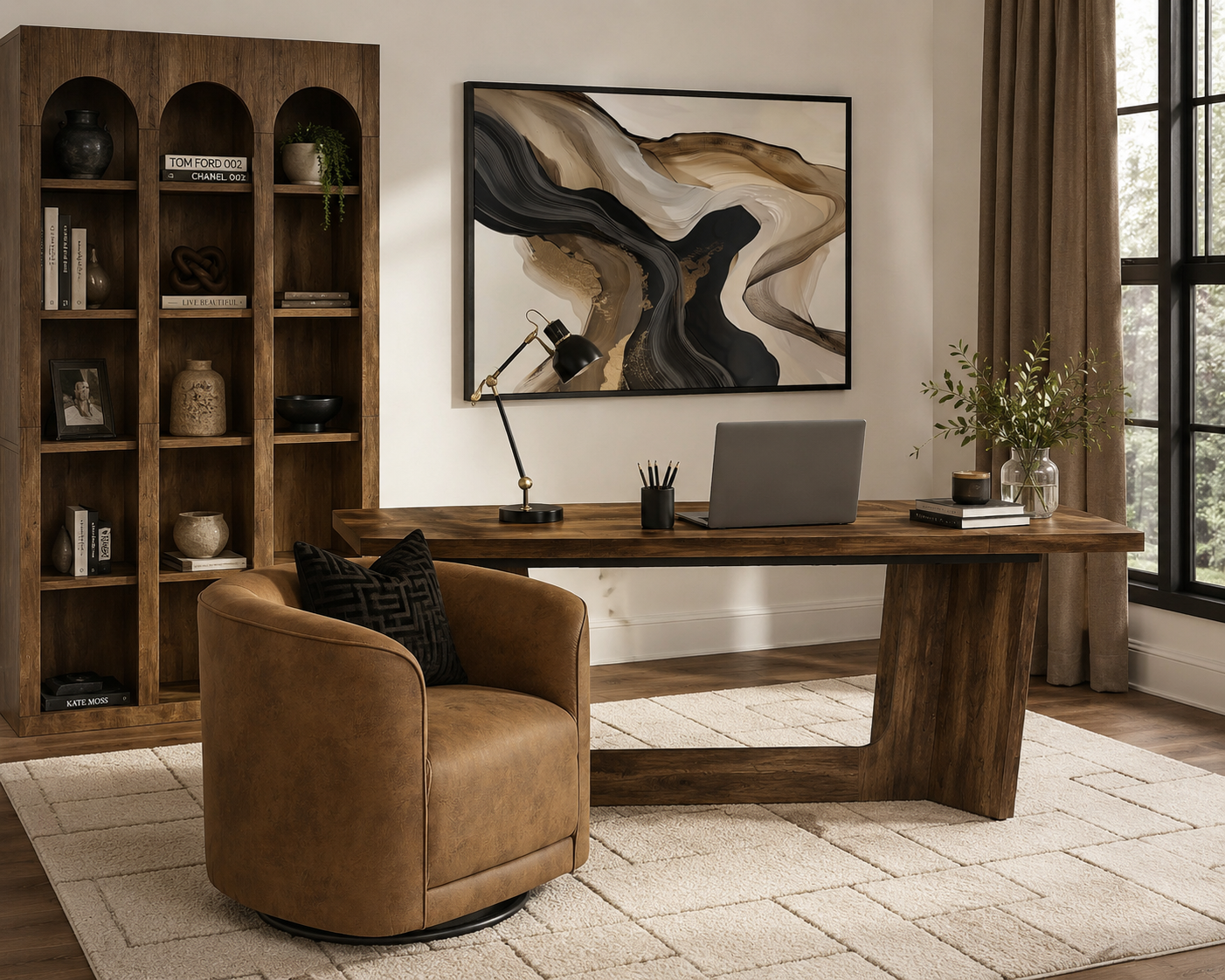 A styled home office scene featuring a rustic wooden writing desk, a round tan leather swivel chair, a tall wooden shelving unit, and a large abstract canvas print on the wall.
