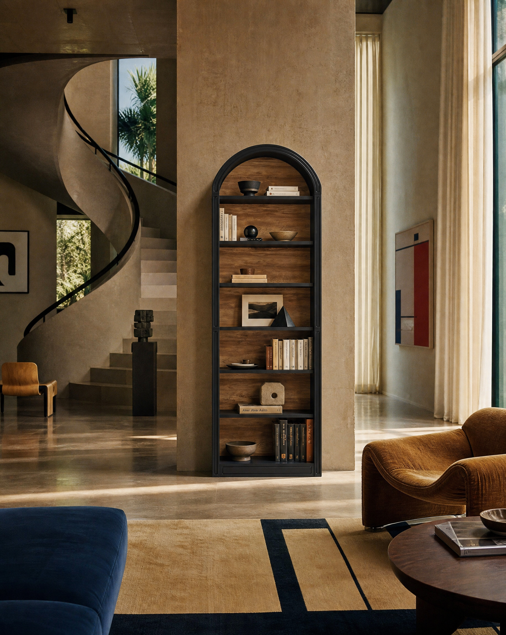 An arched black metal bookcase with warm wood shelves, styled with books and decorative objects, set in a modern, sunlit living room with a spiral staircase in the background.