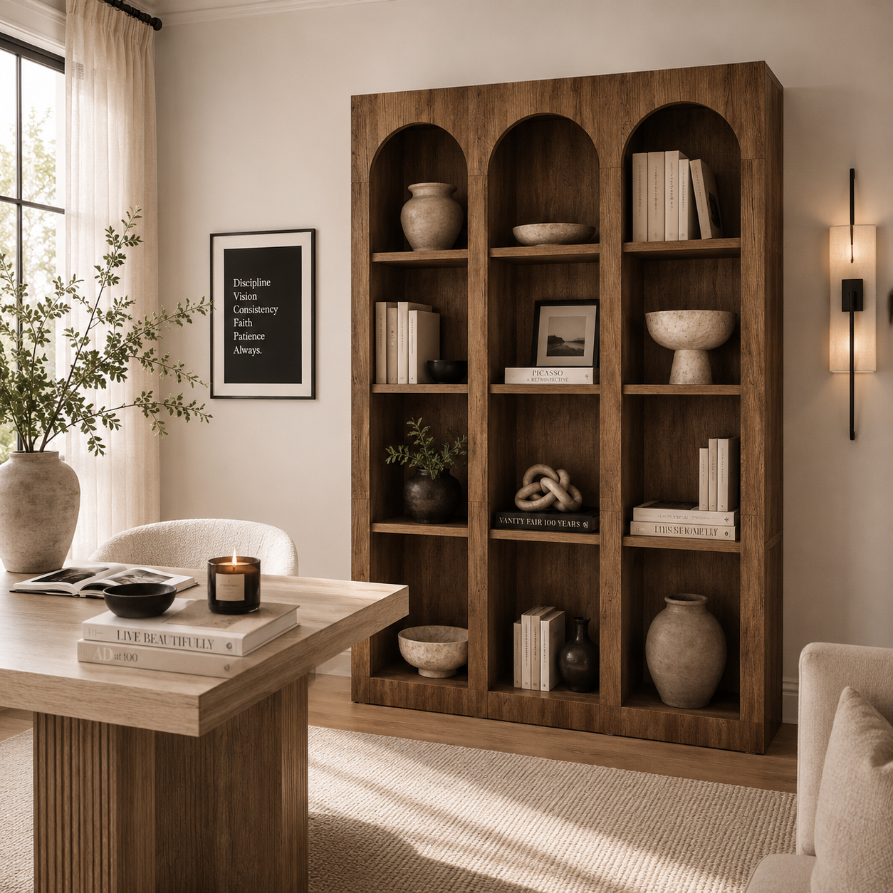 Wooden bookshelf in a living room with books, decor items, and a candle.