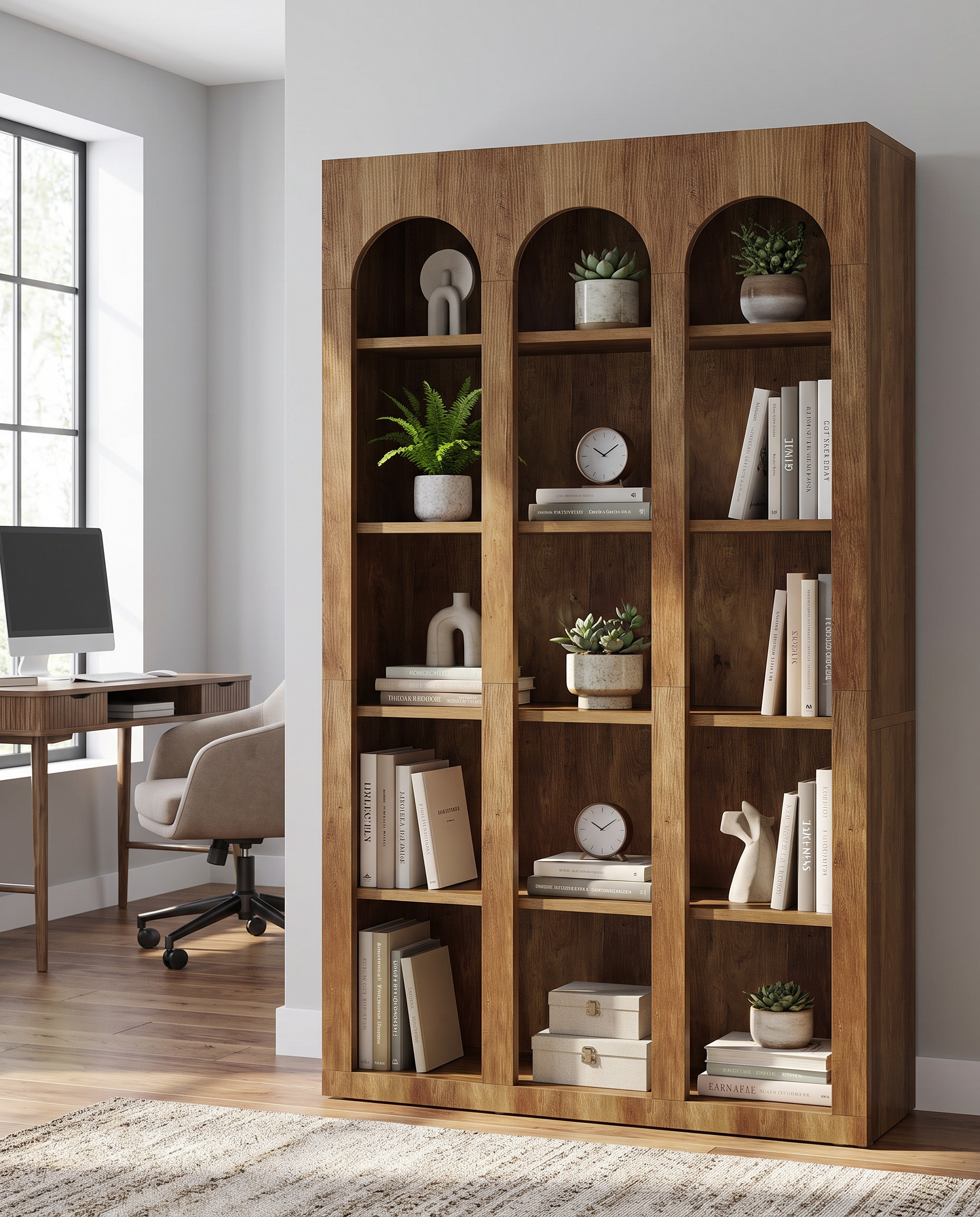 A tall wooden bookcase with three arched upper compartments and multiple shelves, styled with books, small potted plants, vases, and clocks in a bright home office setting.