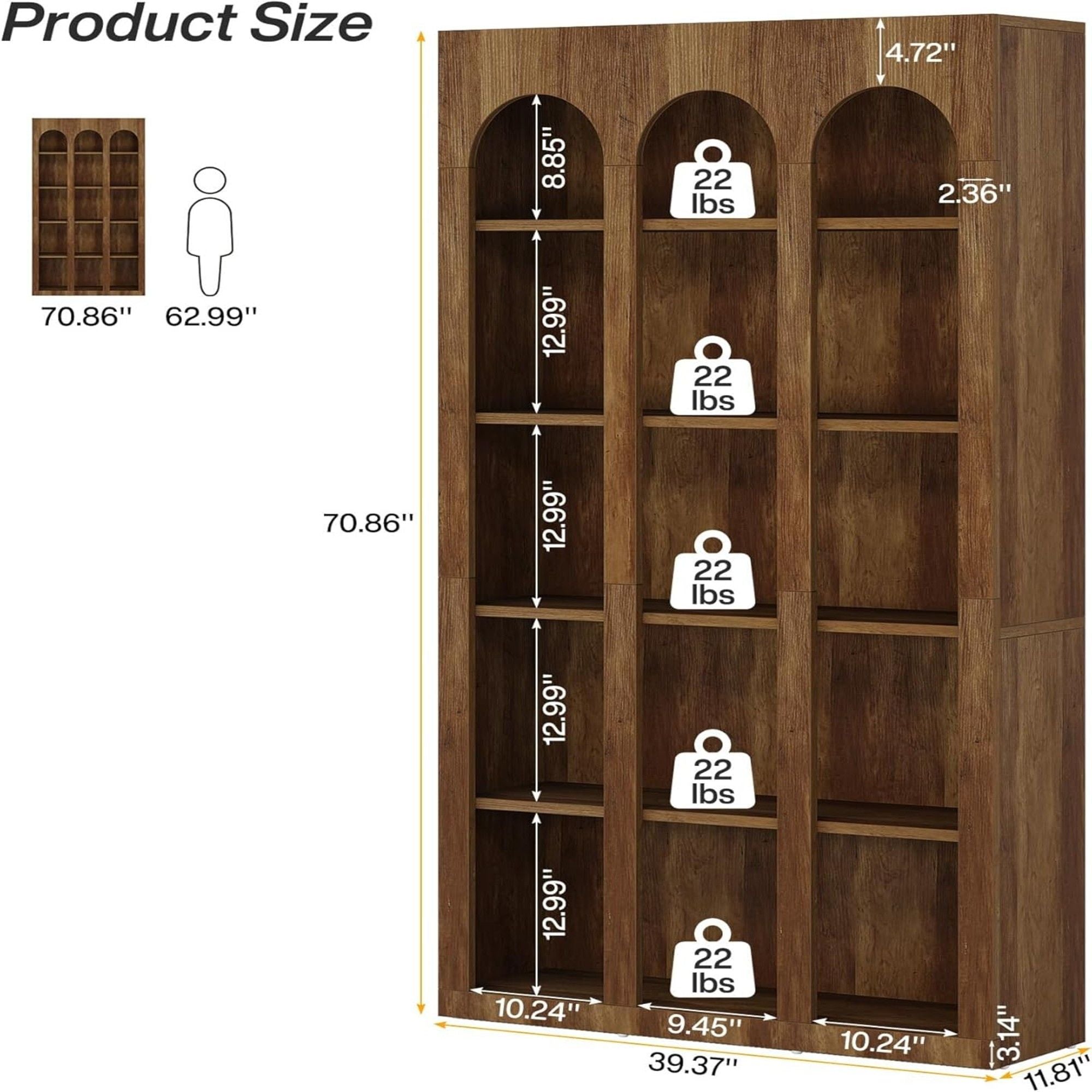 Wooden bookshelf with measurements on a white background