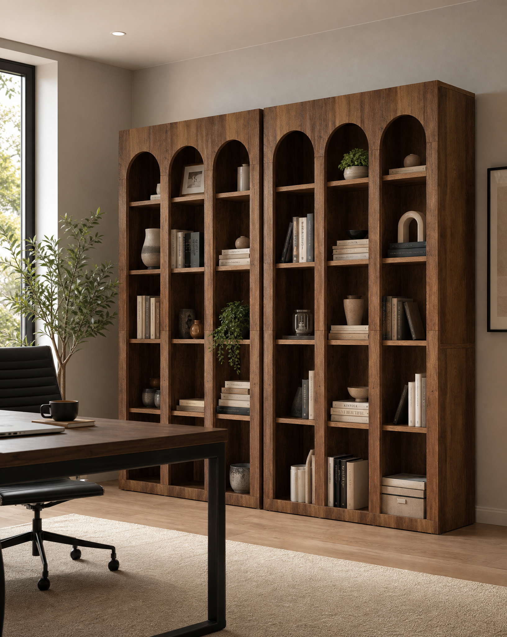 A large wooden bookcase with multiple arched shelves stands in a modern home office next to a desk and chair. The bookcase is styled with books, vases, and small plants.