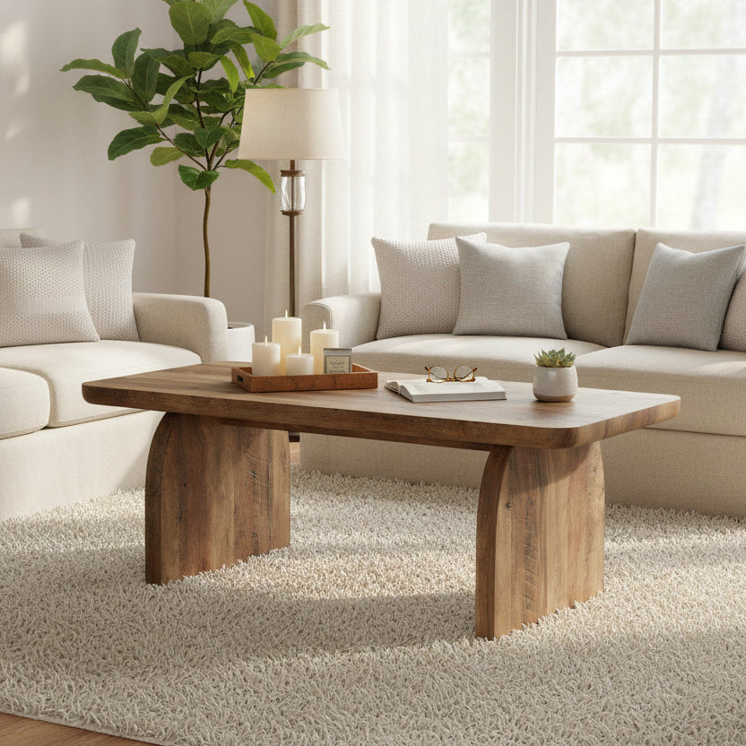 Wooden dining table with curved legs on a white background
