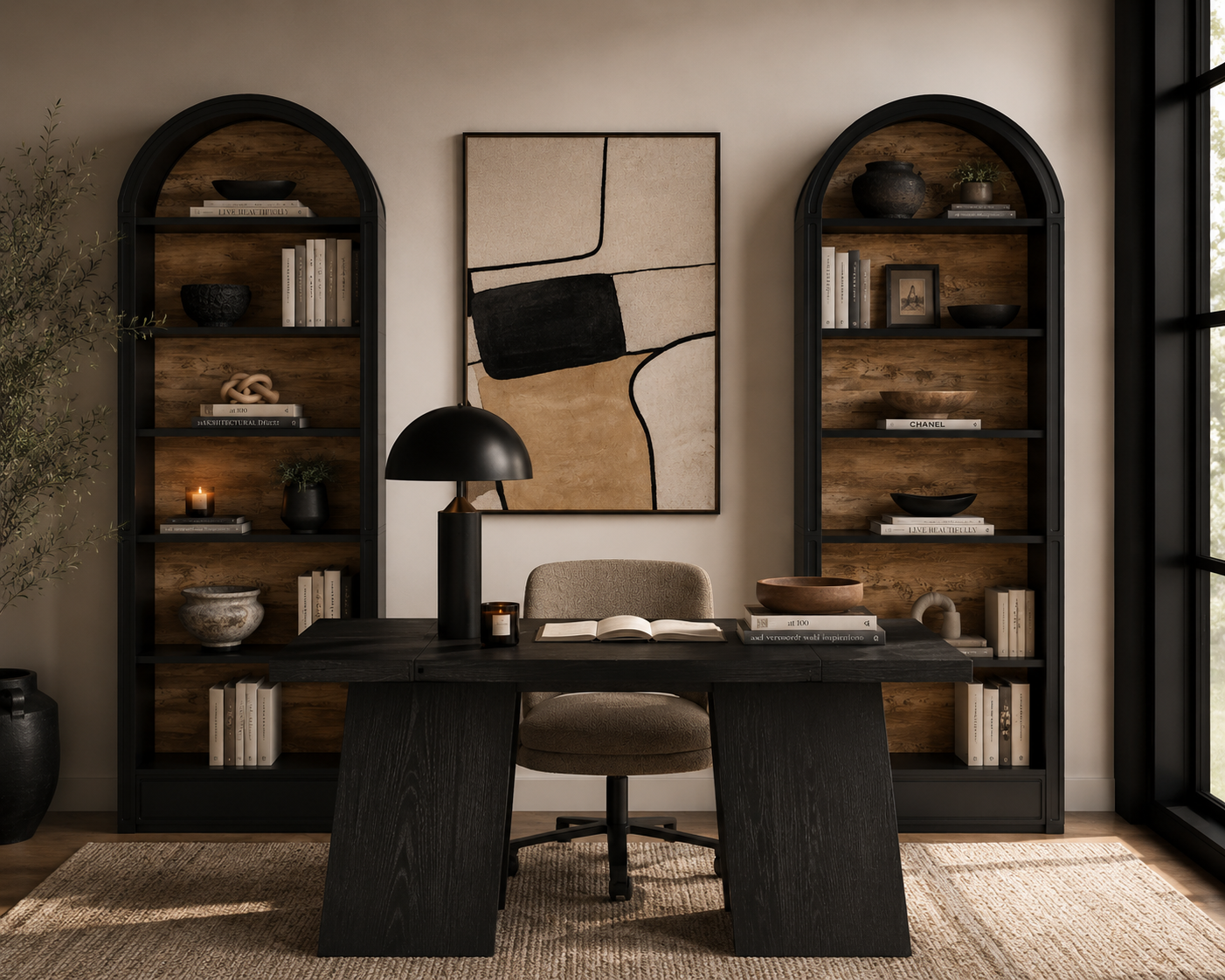 Home office with wooden desk, bookshelves, and abstract art on the wall.