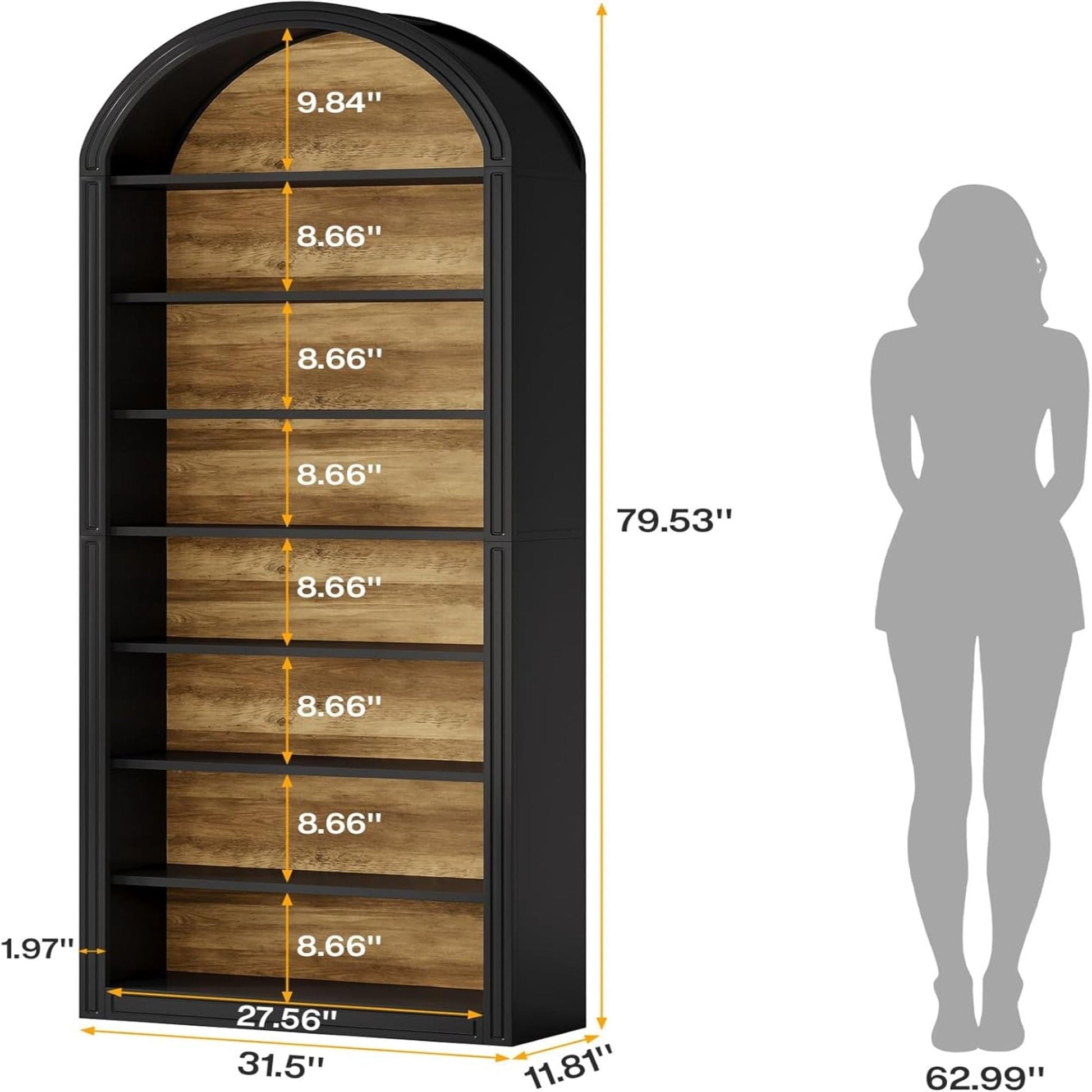 Wooden bookshelf with measurements and a silhouette of a person for scale.