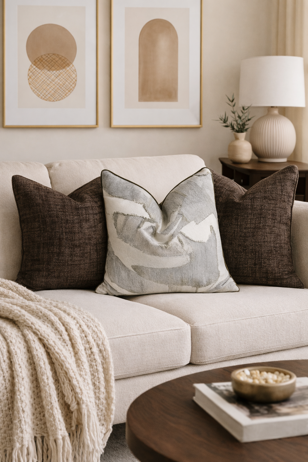 Living room with a beige sofa, decorative pillows, and wall art.