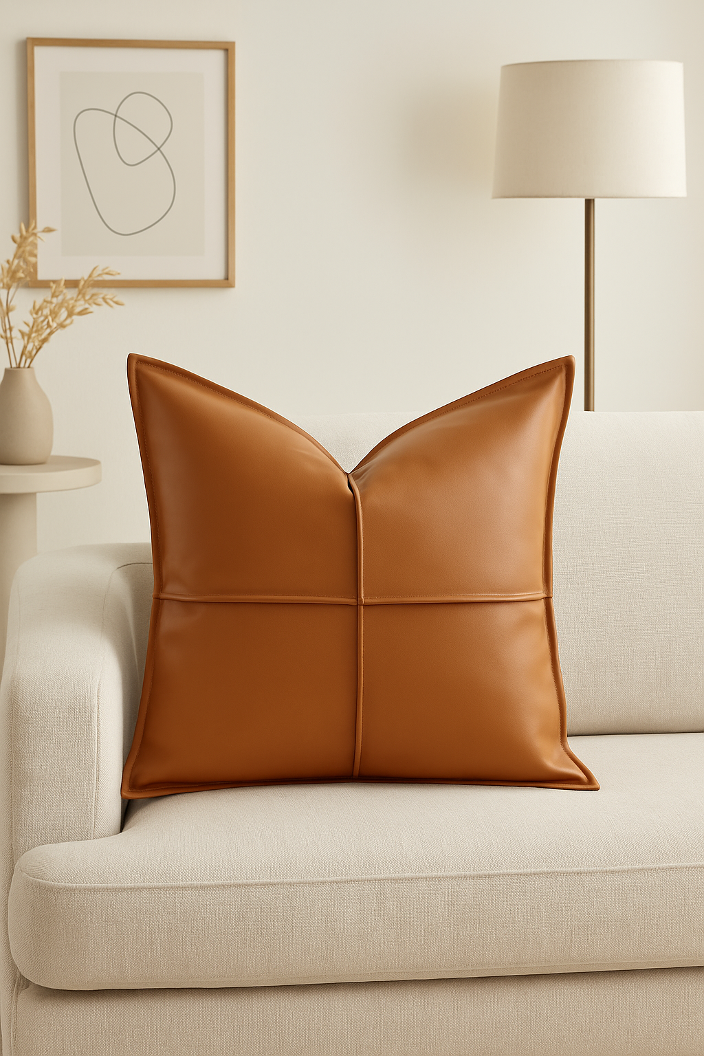 Brown leather pillow on a beige sofa with a lamp and abstract art in the background.