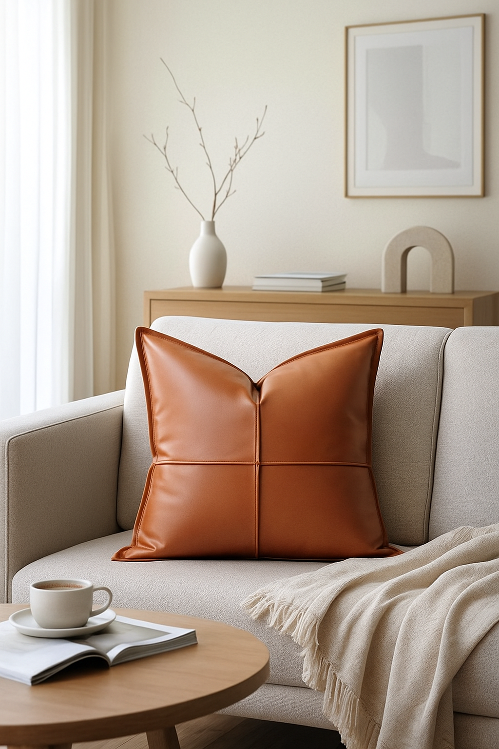 Cozy living room with a brown leather pillow on a beige sofa, a coffee cup, and a book.