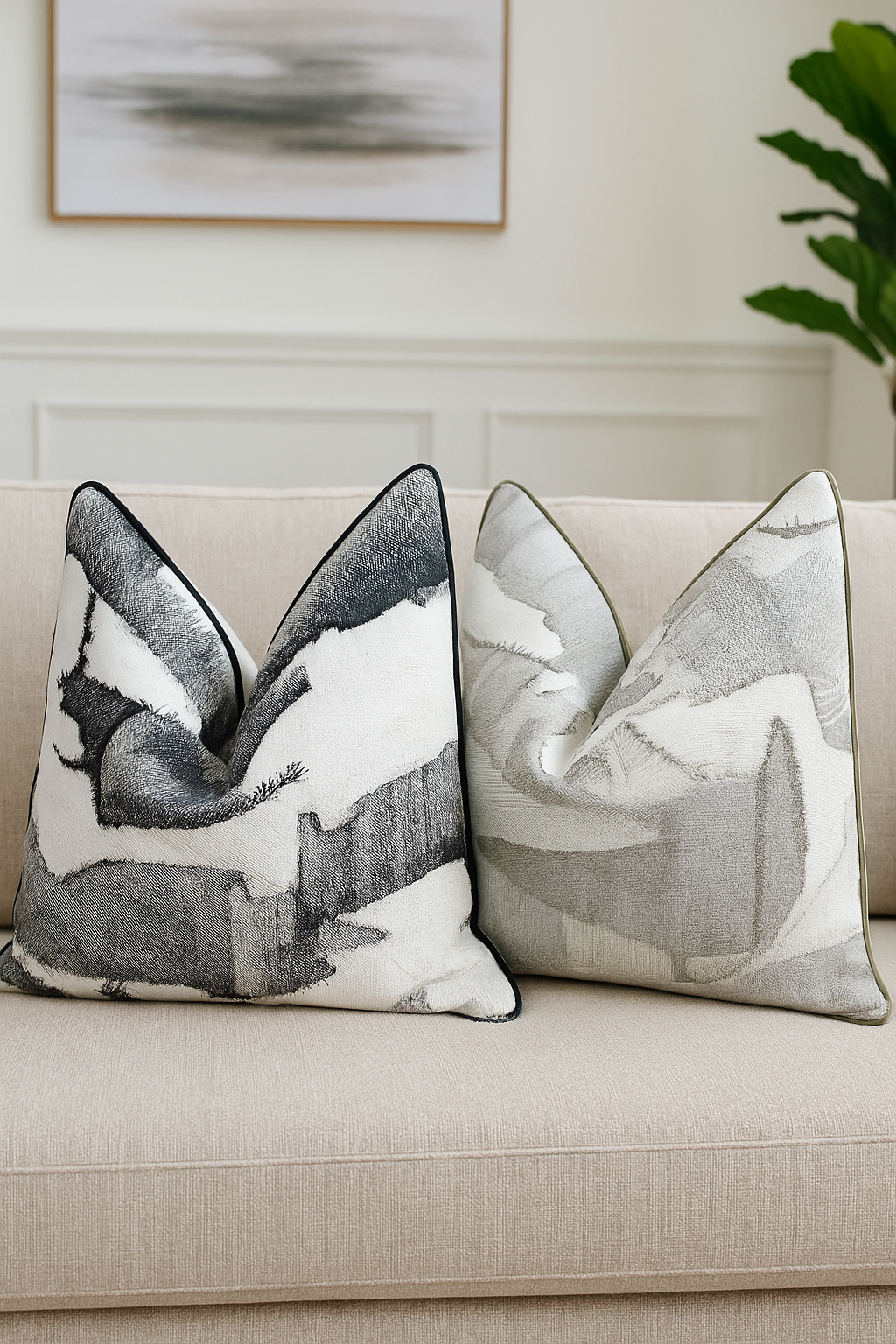 Two decorative pillows with abstract patterns on a beige sofa.