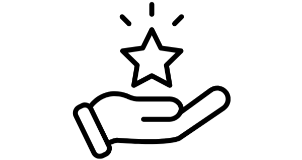 Black line drawing of a hand holding a star on a white background