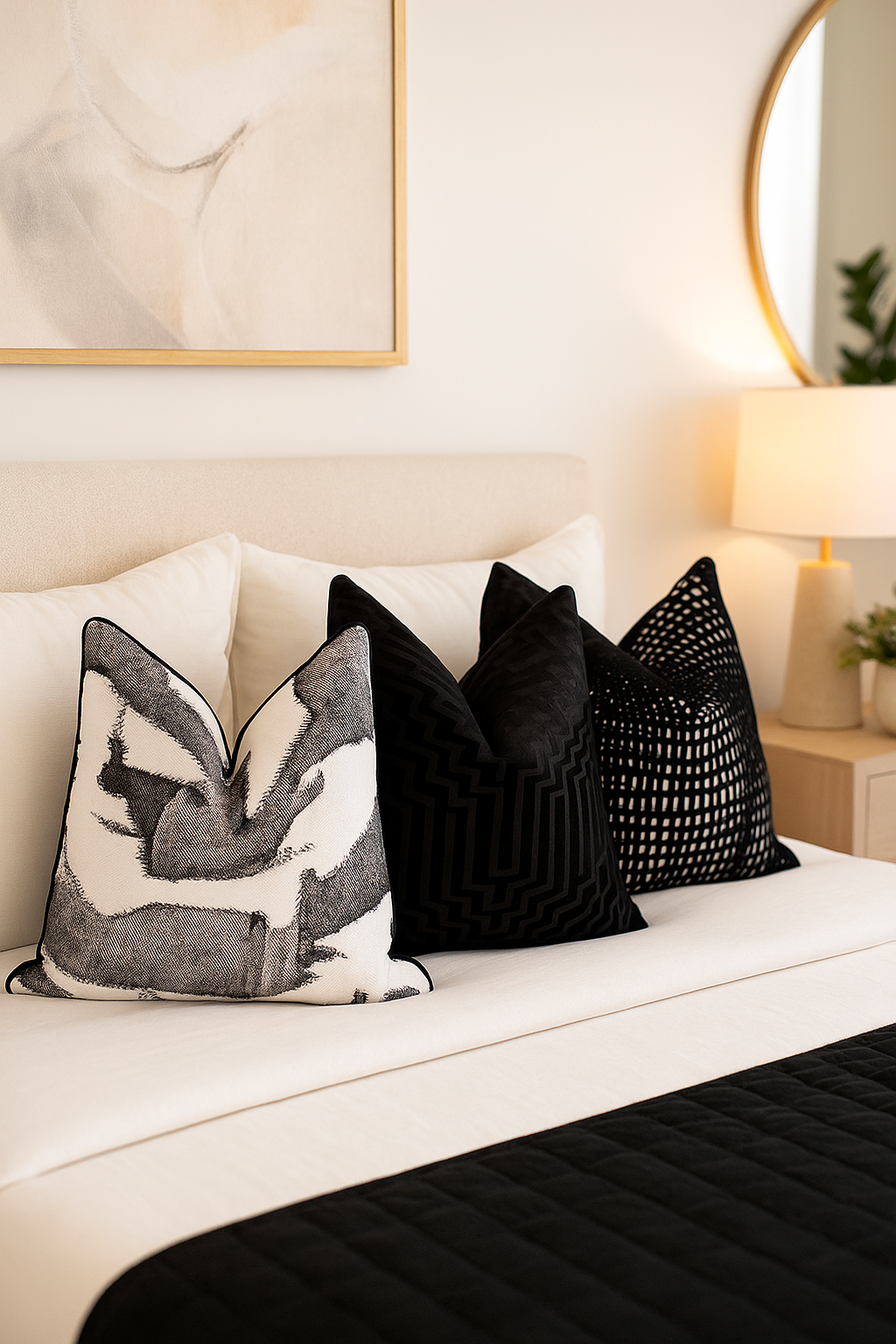 Decorative pillows on a sofa with a neutral color scheme