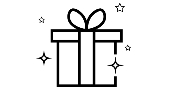 Black outline of a gift box with a bow on a white background