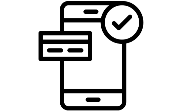 Icon of a smartphone with a credit card and check mark on a white background