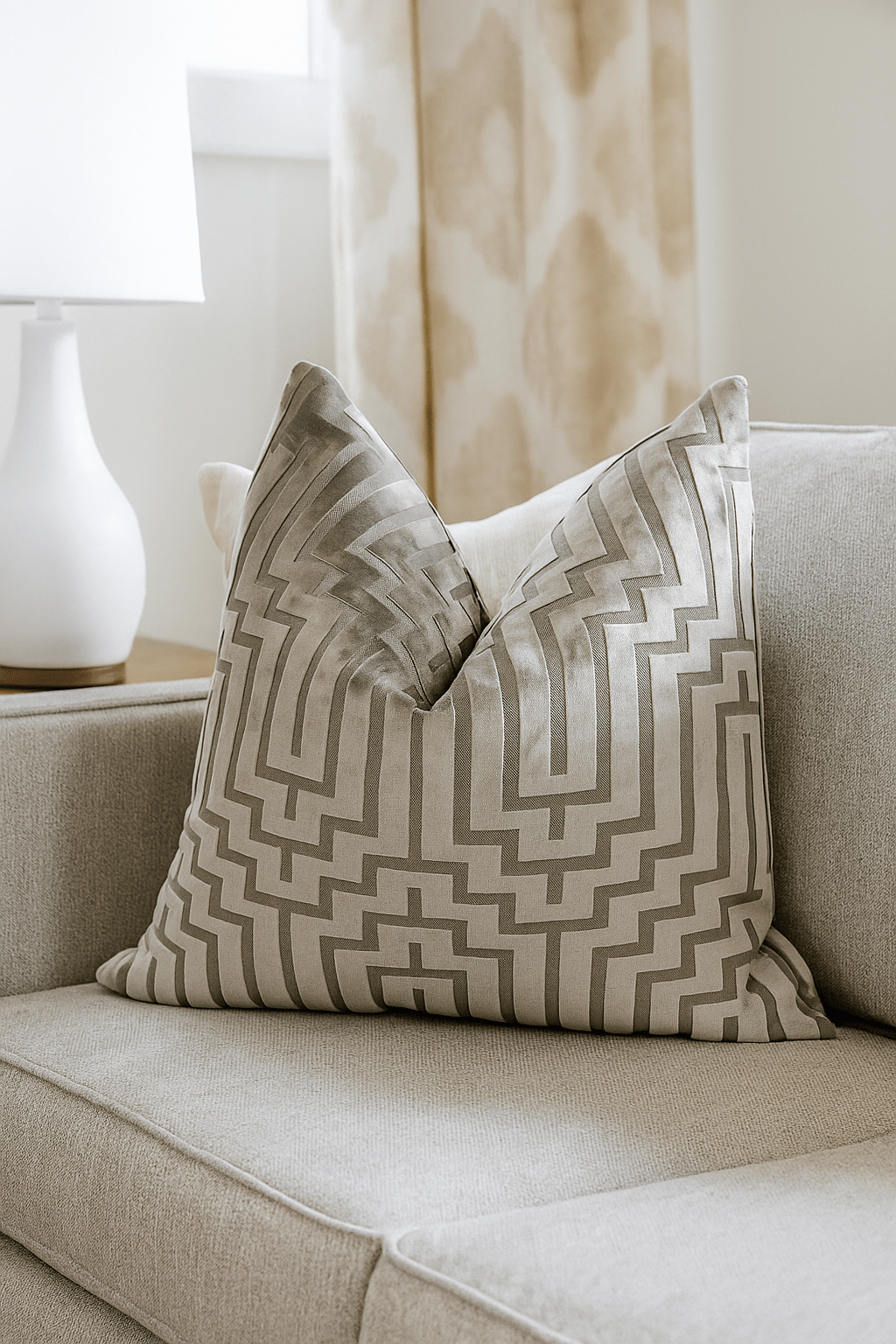 Patterned pillows on a beige sofa with a lamp and curtains in the background