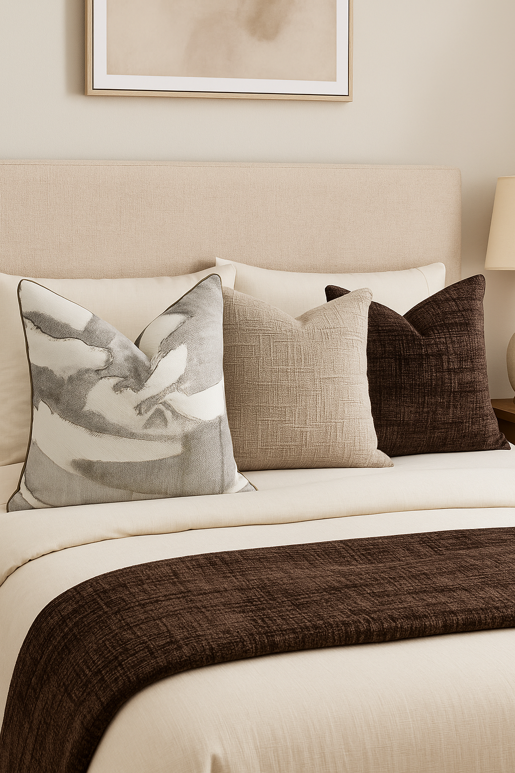 Neatly arranged pillows on a bed with a neutral color scheme.