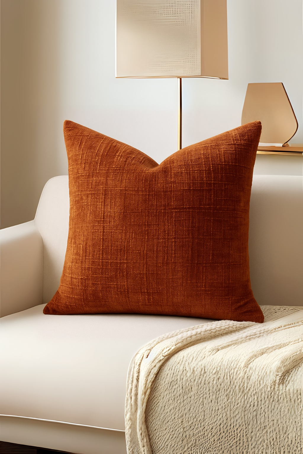Orange pillow on a white sofa with a lamp in the background